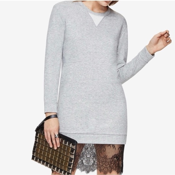 BCBGMAXAZRIA Gray Sweatshirt Dress with Lace Hemline- Size Medium - Picture 1 of 12